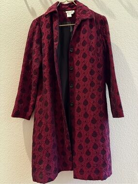 Womens Burgundy with Black Accent Patterned Long Coat